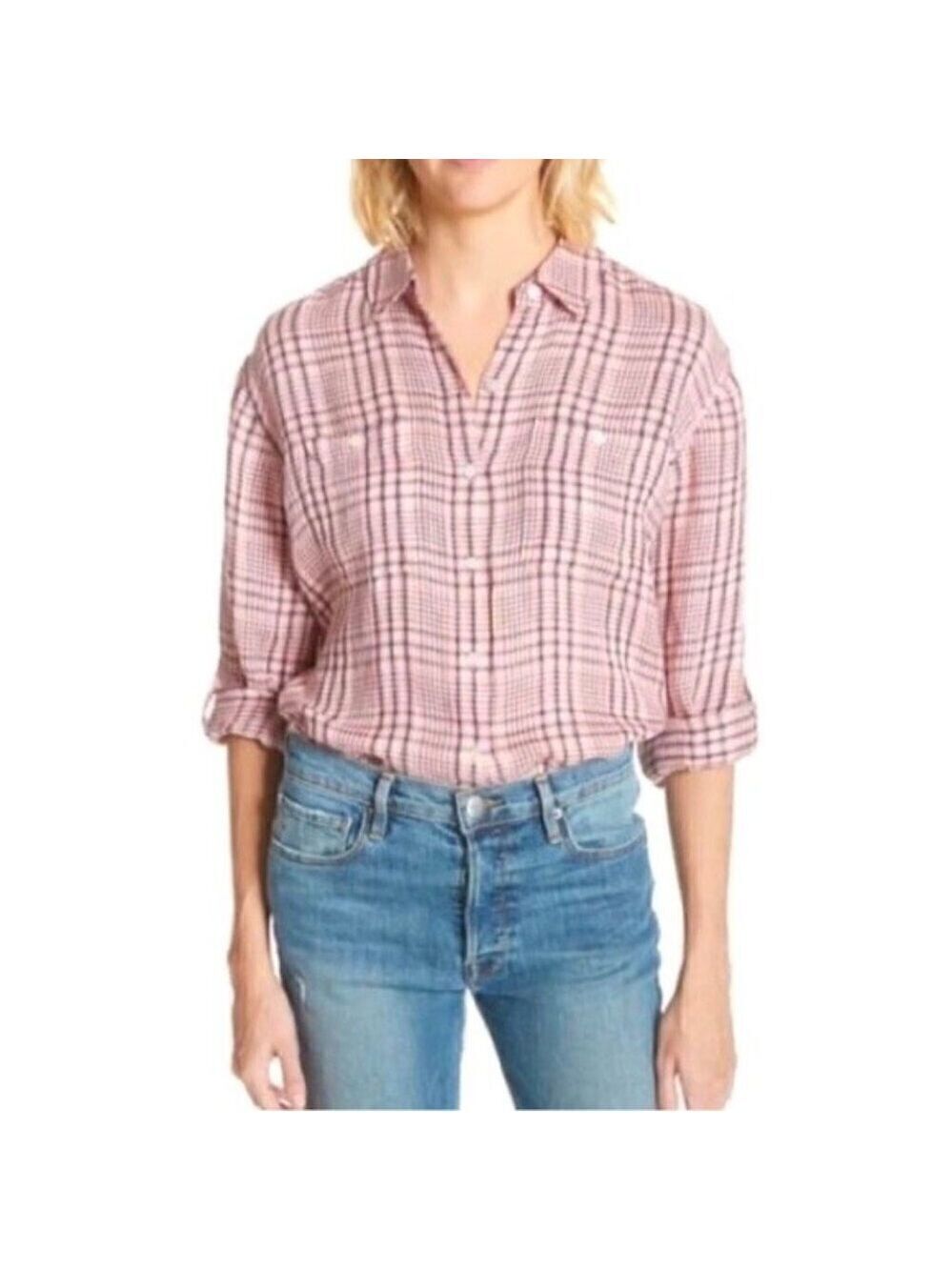 Joie Lidelle Button-up Top Plaid Linen Long Roll Sleeve Pocket Flannel Shirt L